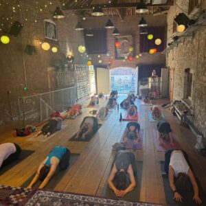 Yoga class in the Topsham Brewery event space